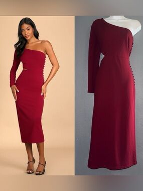Lulus Women’s Burgundy Red One Shoulder Cut Out Midi Formal Dress size Large